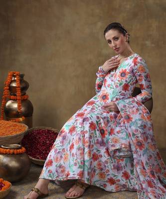 Meraki anam floral print muslin anarkali with organza dupatta 2