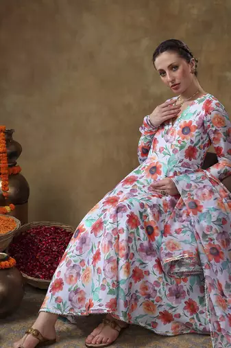 Meraki anam floral print muslin anarkali with organza dupatta
