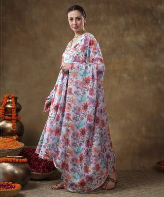 Meraki anam floral print muslin anarkali with organza dupatta 3