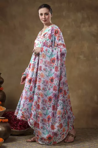 Meraki anam floral print muslin anarkali with organza dupatta