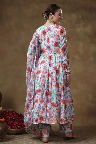 Meraki anam floral print muslin anarkali with organza dupatta