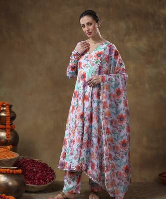 Meraki anam floral print muslin anarkali with organza dupatta 5