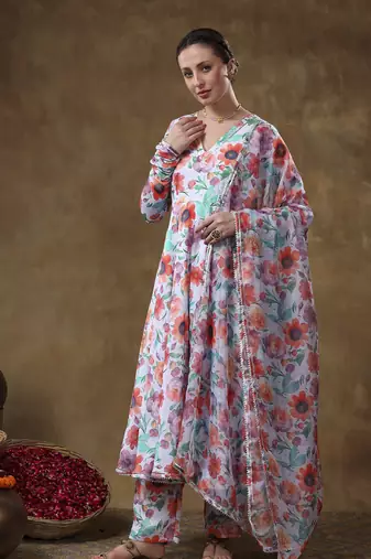Meraki anam floral print muslin anarkali with organza dupatta