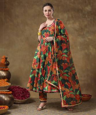 Meraki tooba green floral print muslin anarkali with organza dupatta 1