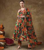 Meraki tooba green floral print muslin anarkali with organza dupatta