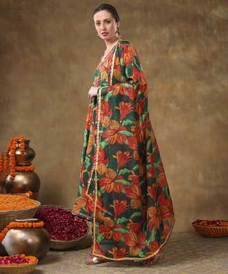 Meraki tooba green floral print muslin anarkali with organza dupatta 2