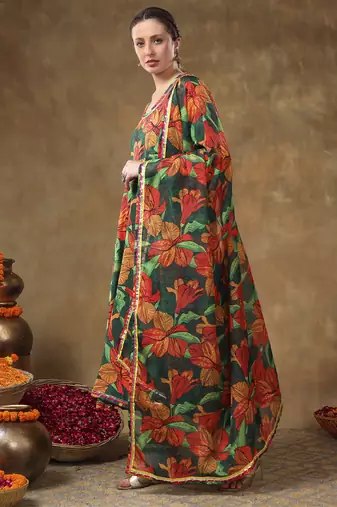 Meraki tooba green floral print muslin anarkali with organza dupatta