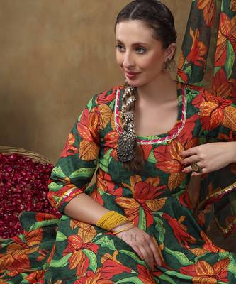 Meraki tooba green floral print muslin anarkali with organza dupatta 3