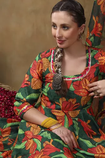 Meraki tooba green floral print muslin anarkali with organza dupatta