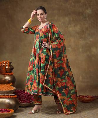 Meraki tooba green floral print muslin anarkali with organza dupatta 4