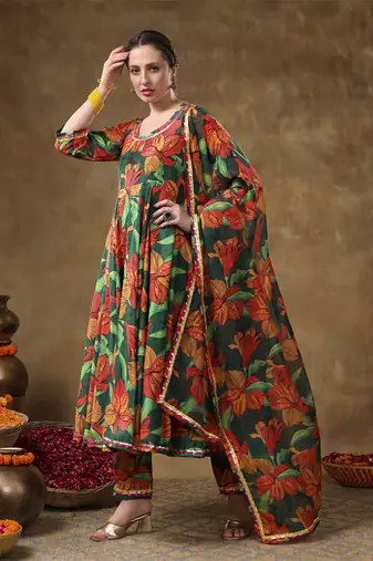 Meraki tooba green floral print muslin anarkali with organza dupatta