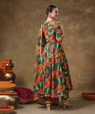 Meraki tooba green floral print muslin anarkali with organza dupatta 5