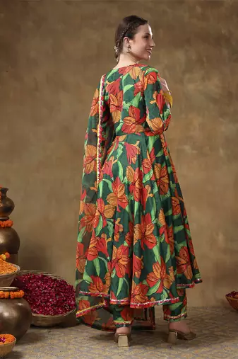 Meraki tooba green floral print muslin anarkali with organza dupatta