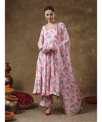 Meraki aamira pink floral muslin printed anarkali set with organza dupatta 1