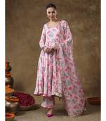 Meraki aamira pink floral muslin printed anarkali set with organza dupatta