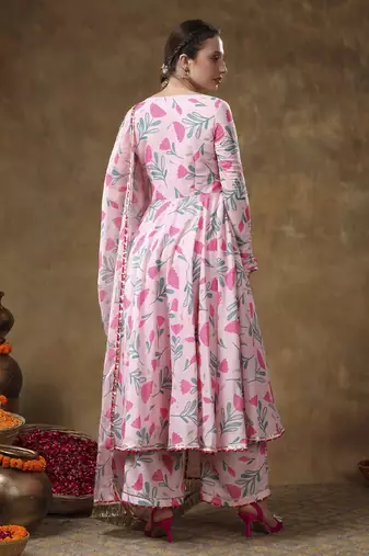Meraki aamira pink floral muslin printed anarkali set with organza dupatta