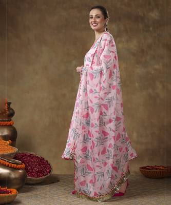 Meraki aamira pink floral muslin printed anarkali set with organza dupatta 3