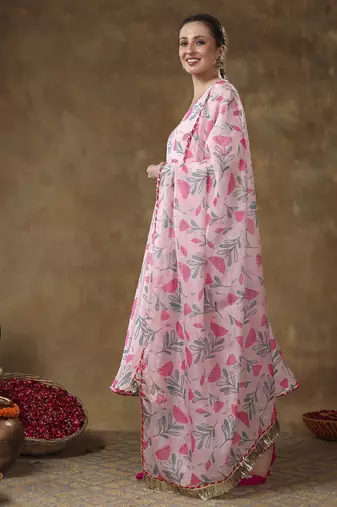 Meraki aamira pink floral muslin printed anarkali set with organza dupatta