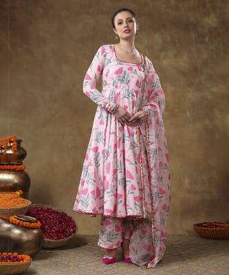 Meraki aamira pink floral muslin printed anarkali set with organza dupatta 4