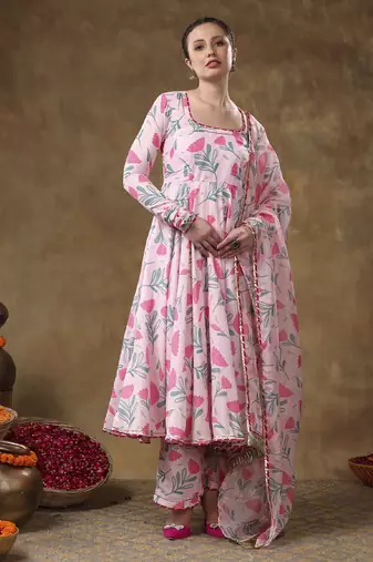 Meraki aamira pink floral muslin printed anarkali set with organza dupatta