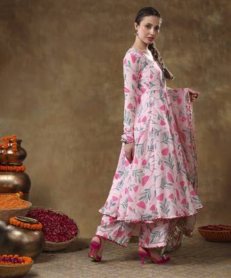 Meraki aamira pink floral muslin printed anarkali set with organza dupatta 5