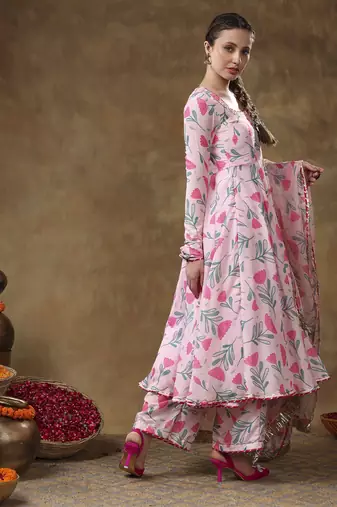 Meraki aamira pink floral muslin printed anarkali set with organza dupatta