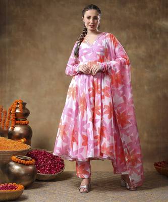 Meraki pink floral muslin anarkali set with organza dupatta 1