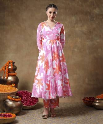 Meraki pink floral muslin anarkali set with organza dupatta 2