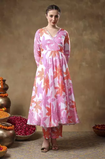 Meraki pink floral muslin anarkali set with organza dupatta