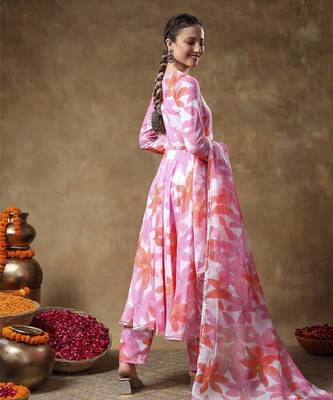 Meraki pink floral muslin anarkali set with organza dupatta 3