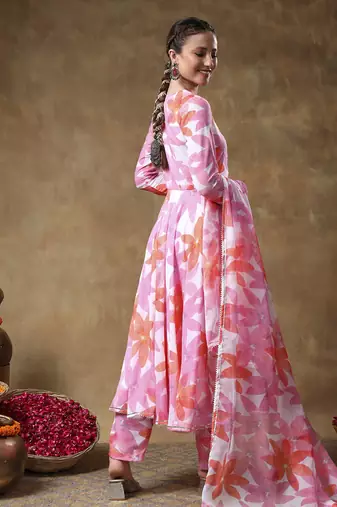 Meraki pink floral muslin anarkali set with organza dupatta