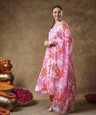 Meraki pink floral muslin anarkali set with organza dupatta 4