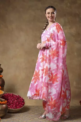 Meraki pink floral muslin anarkali set with organza dupatta