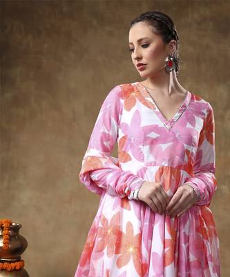 Meraki pink floral muslin anarkali set with organza dupatta 5