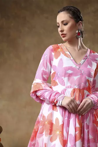 Meraki pink floral muslin anarkali set with organza dupatta