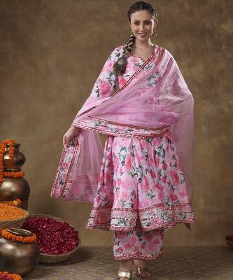 Meraki noor pink floral muslin gotta work anarkali set with organza dupatta 1