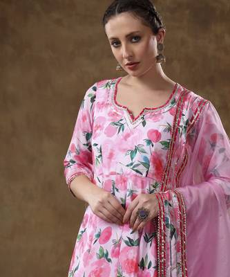 Meraki noor pink floral muslin gotta work anarkali set with organza dupatta 2