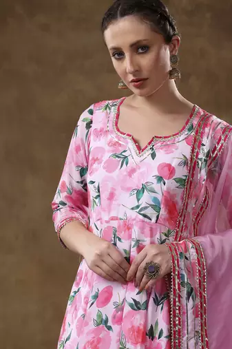 Meraki noor pink floral muslin gotta work anarkali set with organza dupatta