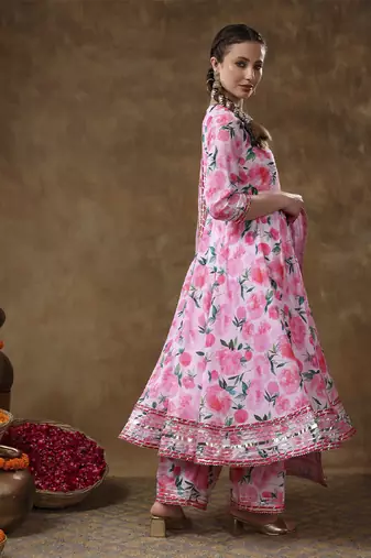 Meraki noor pink floral muslin gotta work anarkali set with organza dupatta