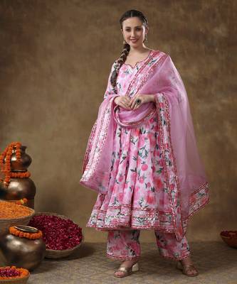 Meraki noor pink floral muslin gotta work anarkali set with organza dupatta 4