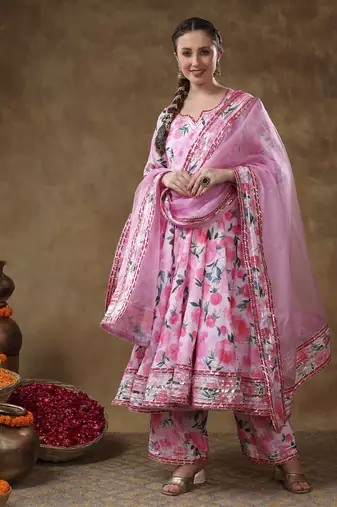 Meraki noor pink floral muslin gotta work anarkali set with organza dupatta