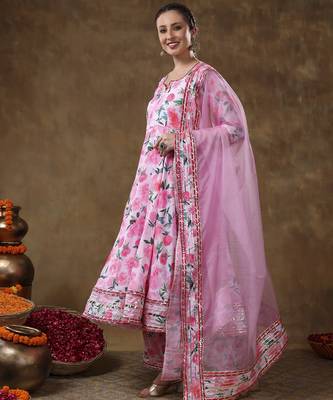 Meraki noor pink floral muslin gotta work anarkali set with organza dupatta 5