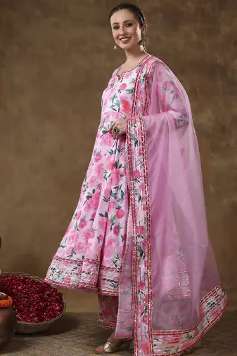 Meraki noor pink floral muslin gotta work anarkali set with organza dupatta