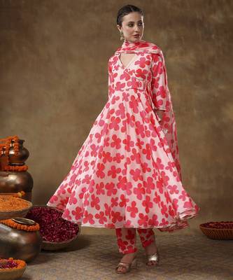 Meraki orange floral muslin anarkali set with organza dupatta 1