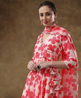 Meraki orange floral muslin anarkali set with organza dupatta 2