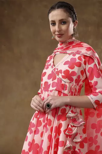 Meraki orange floral muslin anarkali set with organza dupatta