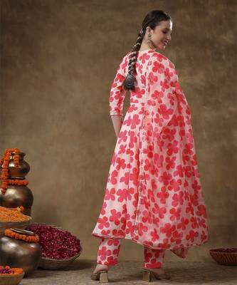 Meraki orange floral muslin anarkali set with organza dupatta 3