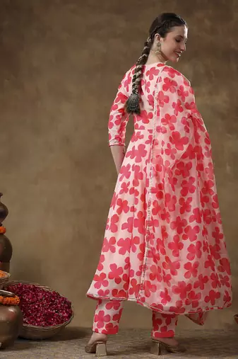 Meraki orange floral muslin anarkali set with organza dupatta