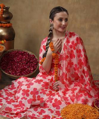 Meraki orange floral muslin anarkali set with organza dupatta 4