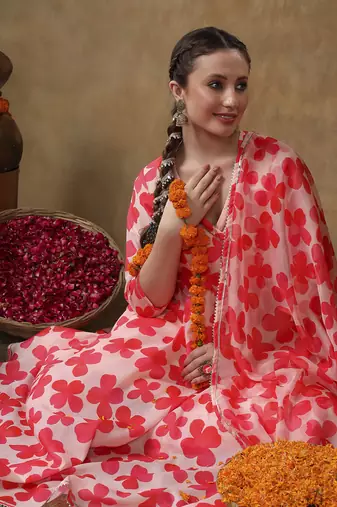 Meraki orange floral muslin anarkali set with organza dupatta